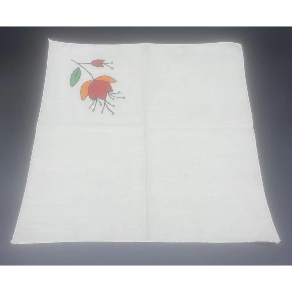 Cream Cloth Napkins W/ Bright Stenciled Flowers Orange Red Flowers 14.5” - 4‎